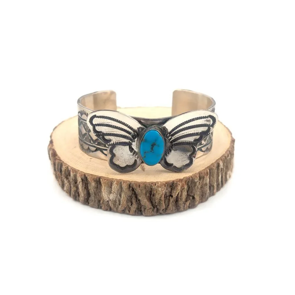 Navajo Cuff Bracelet Handmade‎ Butterfly Native American Turquoise Silver sz 7** - Picture 5 of 10